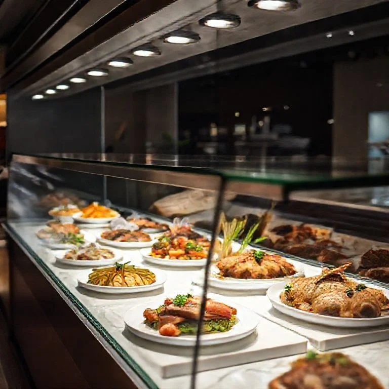 A close-up of a chef's hands carefully pouring a rich, glossy chocolate sauce over a delicate dessert, with a subtle shimmer. The background is a sophisticated blur of a busy, professional kitchen, suggesting activity but focusing on the refined final touch. This image evokes the sensory pleasure of indulgence and the mastery of dessert craft, reflecting the brand's luxurious and refined offerings.