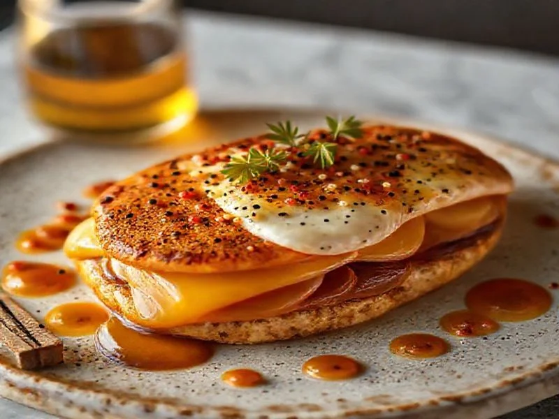 A perfectly seared cut of Wagyu beef, glistening with a rich, caramelized crust, expertly sliced to reveal its intricate marbling. It is served with a vibrant green purée (e.g., asparagus or pea), delicate edible flowers, and a reduction sauce, presented on a minimalist, dark ceramic plate. This image captures the pinnacle of luxury, precision cooking, and sophisticated plating, underscoring the brand's expertise in handling premium ingredients.