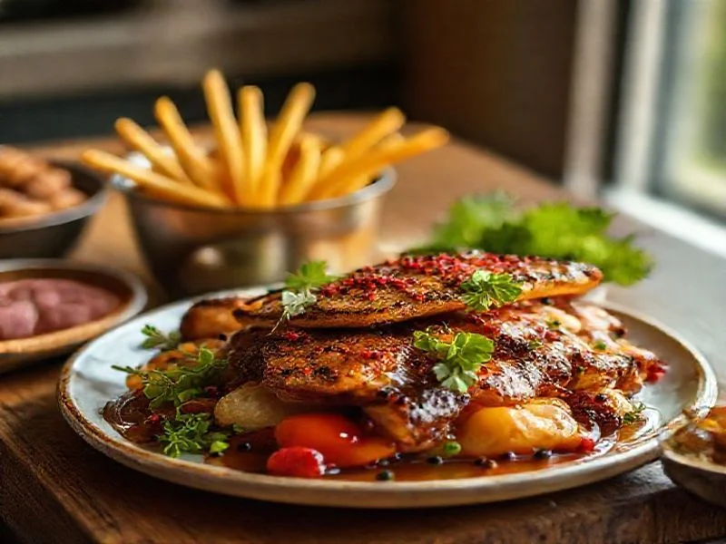 A rustic yet refined still-life composition featuring a freshly baked, artisanal sourdough loaf with a perfectly crackled crust, a small ceramic bowl of high-quality extra virgin olive oil, and a sprinkle of sea salt on a dark, textured slate background. Soft, diffused lighting highlights the textures. This image emphasizes foundational quality, natural ingredients, and the brand's commitment to culinary authenticity, even in simple offerings, suggesting a deep respect for the origins of flavor.